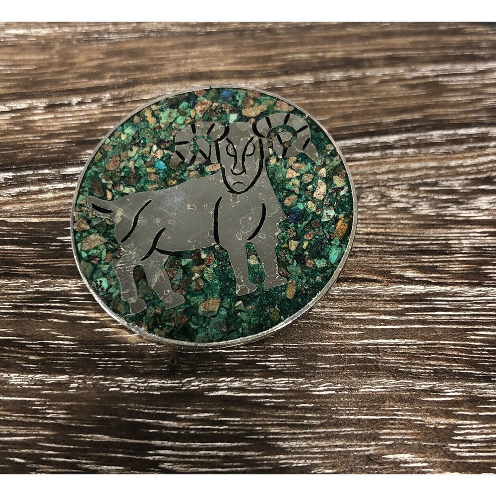 Vintage Mexican Sterling Turquoise Inlaid Aries Zodiac Brooch 1.5”